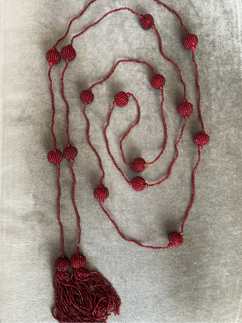 Red Beaded Tassel Lariat Style Necklace - 108” long